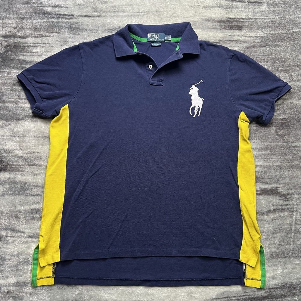 Polo Ralph Lauren Navy Blue Yellow Big Pony Logo Golf Polo Shirt XL
